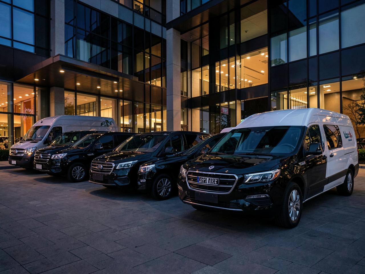 Fleet of black executive SUVs and sprinter vans outside a modern hotel